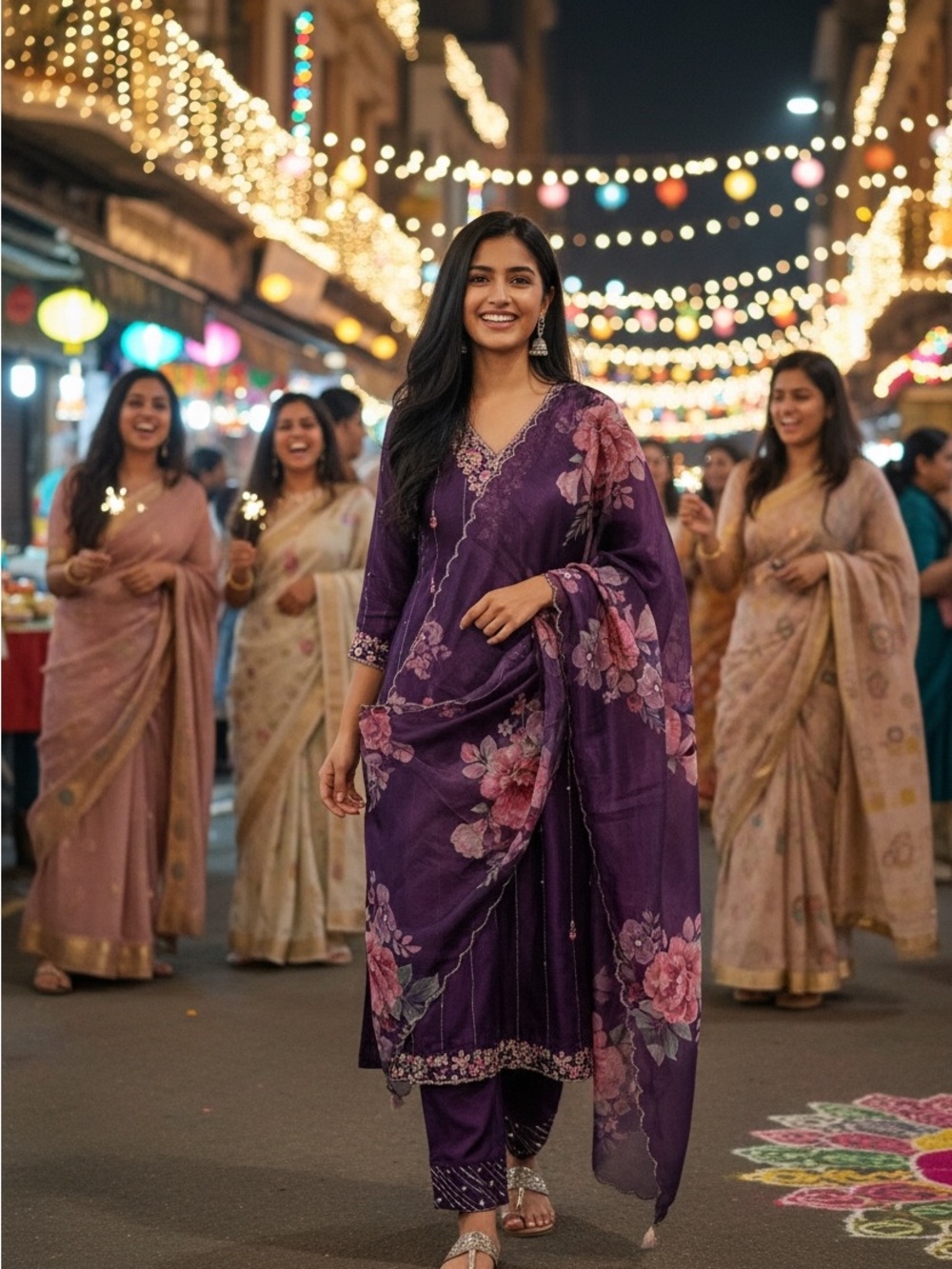 Purple Floral Women’s pant Kameez Set - Elegant Festive Outfit